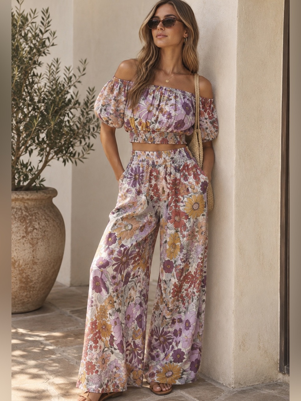 Petal & Pup Hart Floral Pant & Crop Top Matching Set Purple Size 0